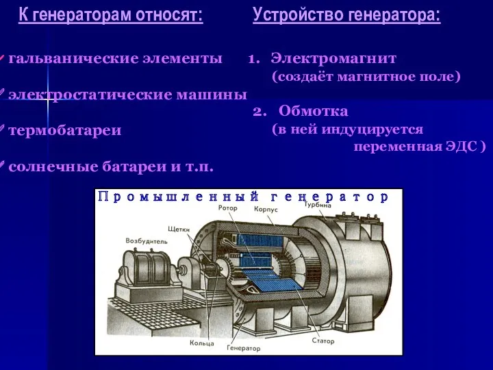 К генераторам относят: гальванические элементы электростатические машины термобатареи солнечные батареи