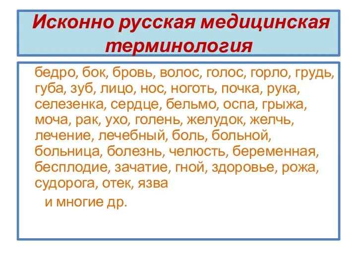 Исконно русская медицинская терминология бедро, бок, бровь, волос, голос, горло,