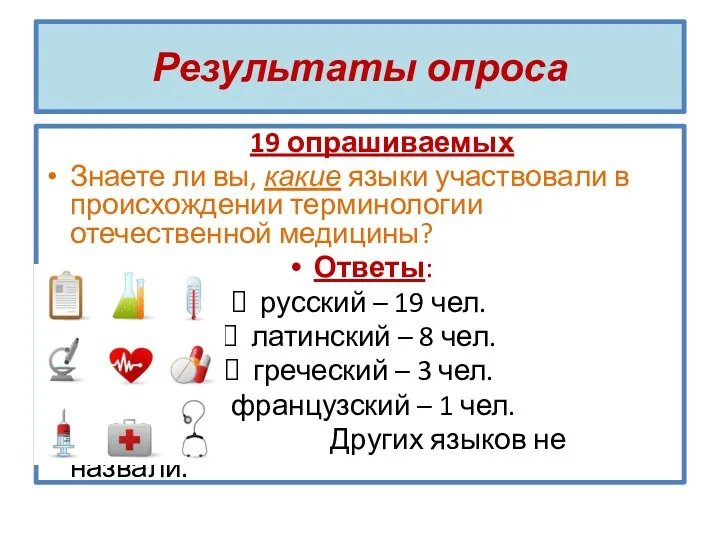 Результаты опроса 19 опрашиваемых Знаете ли вы, какие языки участвовали