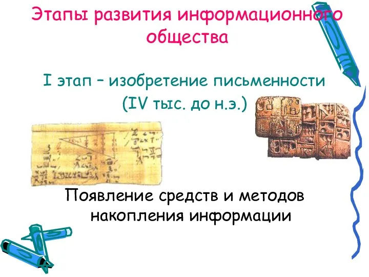 Этапы развития информационного общества I этап – изобретение письменности (IV