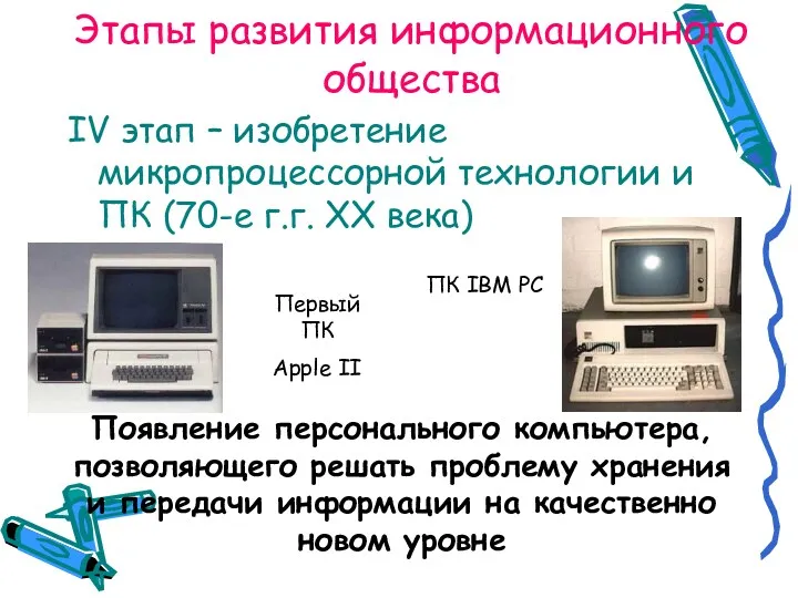 Этапы развития информационного общества IV этап – изобретение микропроцессорной технологии