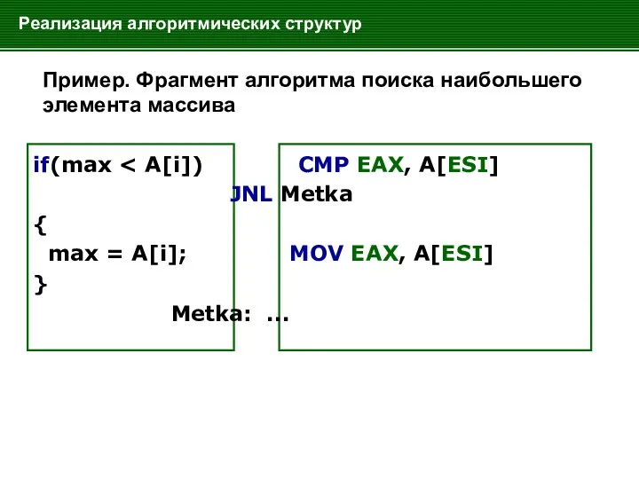 Реализация алгоритмических структур Пример. Фрагмент алгоритма поиска наибольшего элемента массива