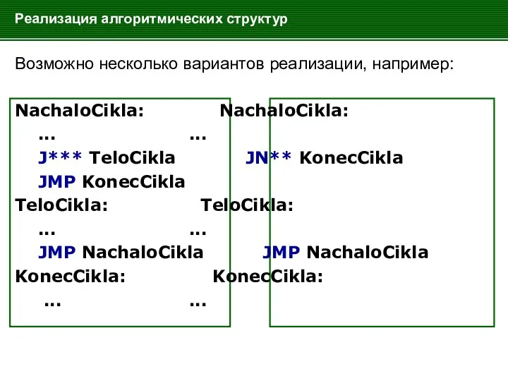 Реализация алгоритмических структур Возможно несколько вариантов реализации, например: NachaloCikla: NachaloCikla: