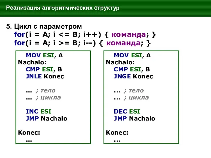 Реализация алгоритмических структур 5. Цикл с параметром for(i = A;