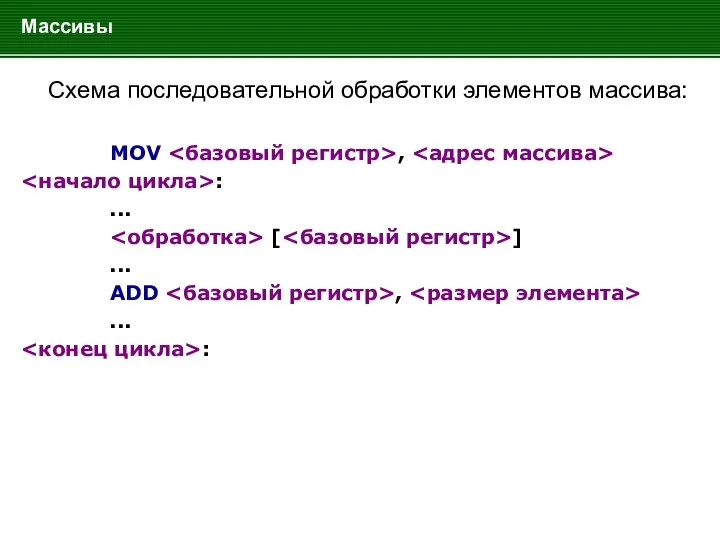 Массивы Схема последовательной обработки элементов массива: MOV , : ...