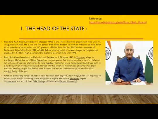 1. THE HEAD OF THE STATE : President- Ram Nath Kovind (born 1