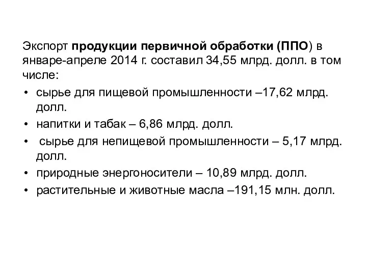 Экспорт продукции первичной обработки (ППО) в январе-апреле 2014 г. составил