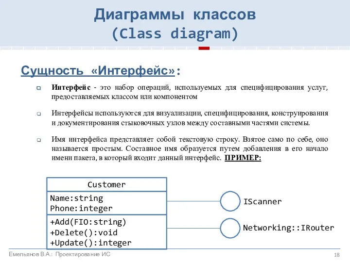 Сущность «Интерфейс»: Интерфейс - это набор операций, используемых для специфицирования