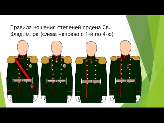 Правила ношения степеней ордена Св. Владимира (слева направо с 1-й по 4-ю)