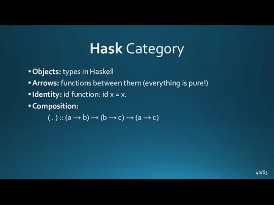 Hask Category Objects: types in Haskell Arrows: functions between them