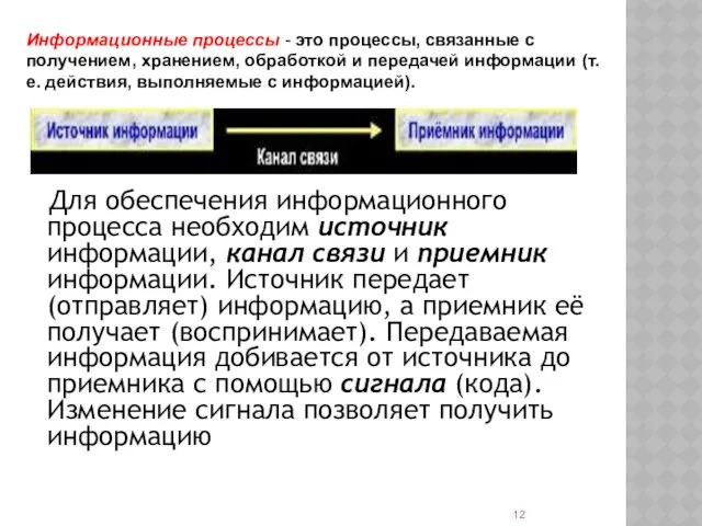 Для обеспечения информационного процесса необходим источник информации, канал связи и