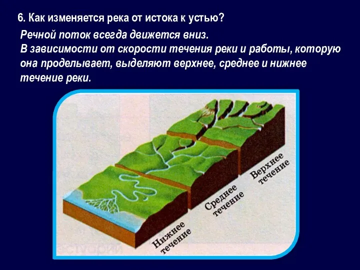 6. Как изменяется река от истока к устью? Речной поток