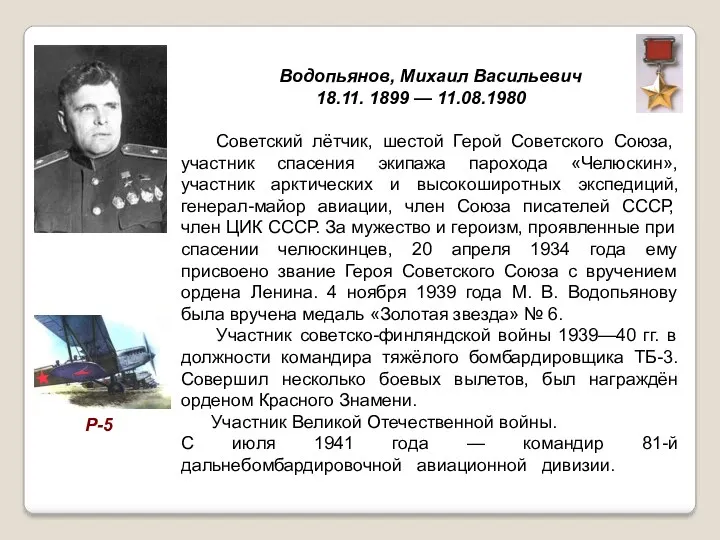Водопьянов, Михаил Васильевич 18.11. 1899 — 11.08.1980 Советский лётчик, шестой Герой Советского Союза,