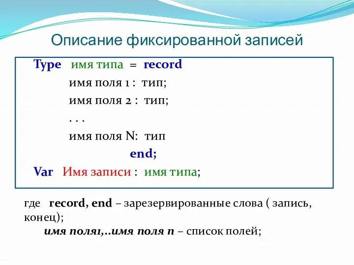 Описание фиксированной записей Type имя типа = record имя поля