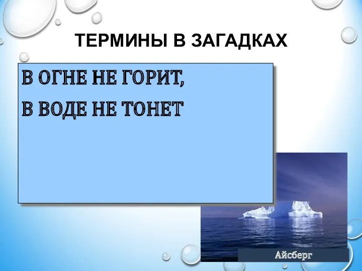 ТЕРМИНЫ В ЗАГАДКАХ В ОГНЕ НЕ ГОРИТ, В ВОДЕ НЕ ТОНЕТ Айсберг