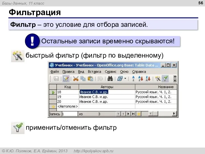 Фильтрация Фильтр – это условие для отбора записей. быстрый фильтр (фильтр по выделенному) применить/отменить фильтр