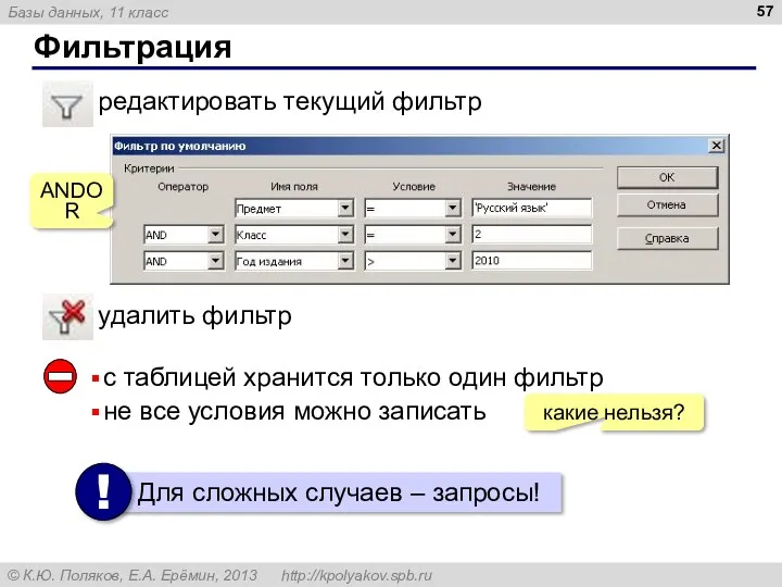 Фильтрация удалить фильтр редактировать текущий фильтр с таблицей хранится только