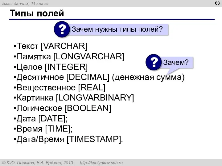 Типы полей Текст [VARCHAR] Памятка [LONGVARCHAR] Целое [INTEGER] Десятичное [DECIMAL]