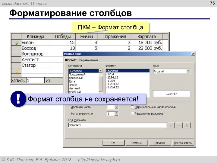 Форматирование столбцов ПКМ – Формат столбца