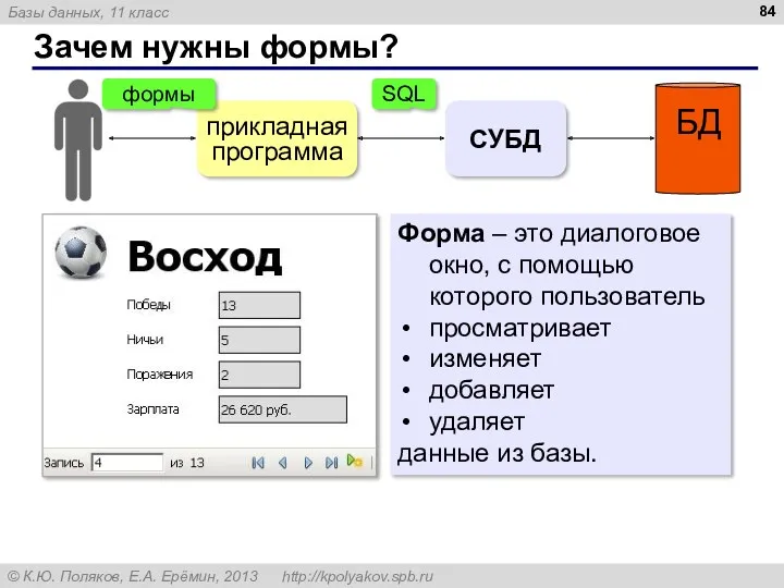 Зачем нужны формы? SQL формы Форма – это диалоговое окно,