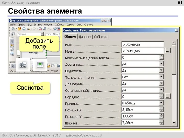 Свойства элемента Свойства