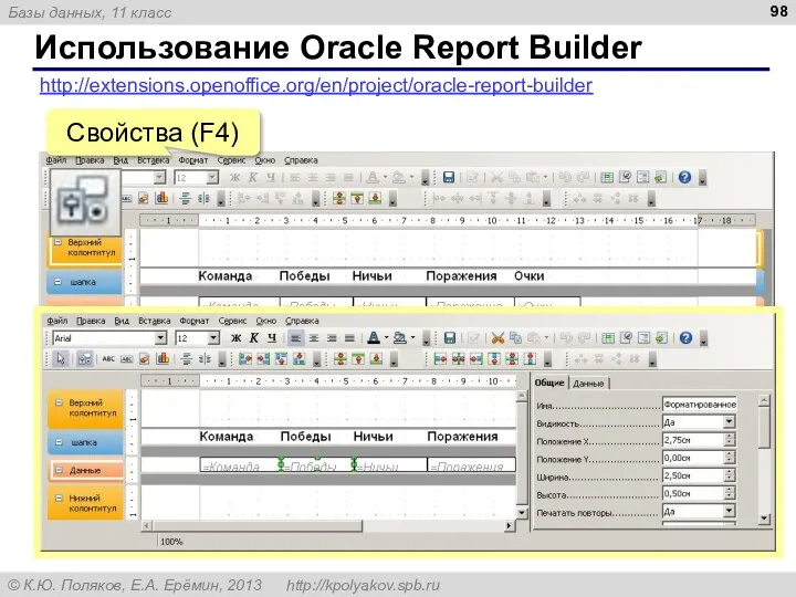Использование Oracle Report Builder http://extensions.openoffice.org/en/project/oracle-report-builder Свойства (F4)