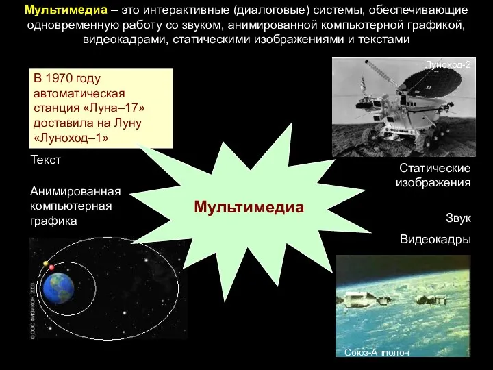 Мультимедиа – это интерактивные (диалоговые) системы, обеспечивающие одновременную работу со