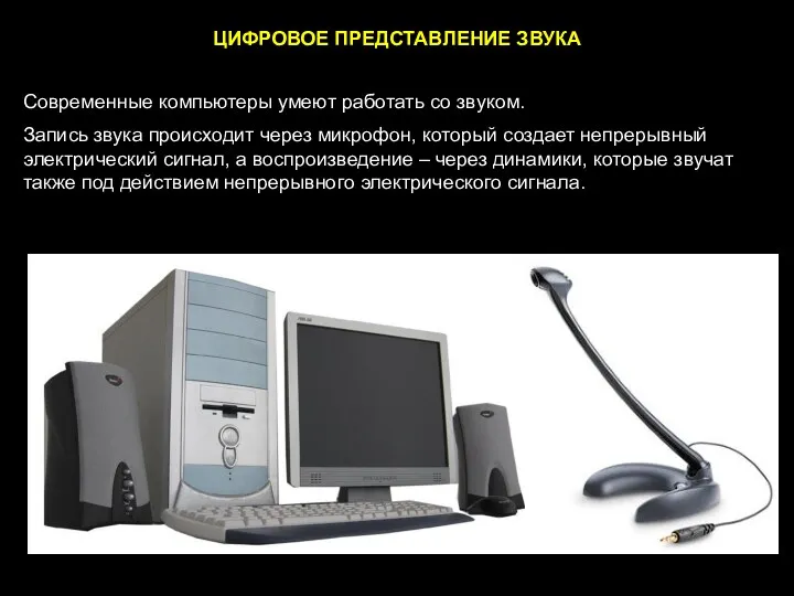 ЦИФРОВОЕ ПРЕДСТАВЛЕНИЕ ЗВУКА Современные компьютеры умеют работать со звуком. Запись