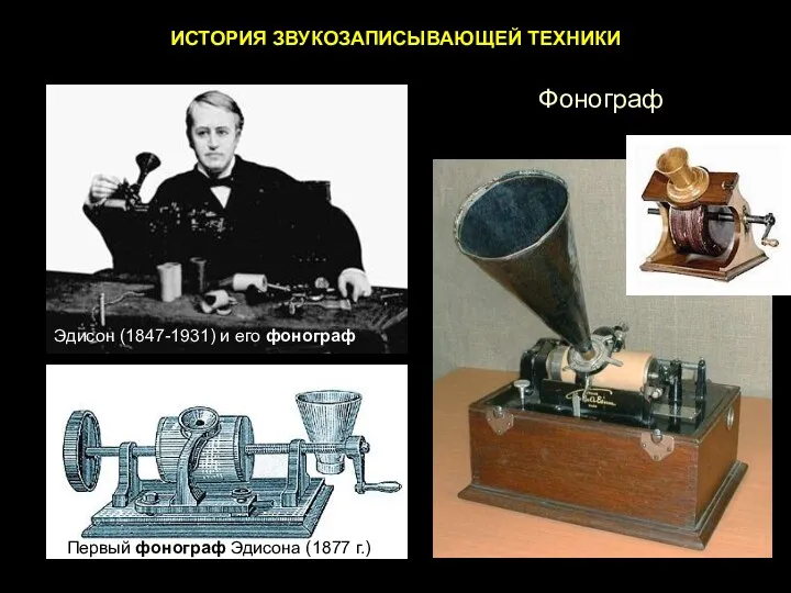 ИСТОРИЯ ЗВУКОЗАПИСЫВАЮЩЕЙ ТЕХНИКИ Эдисон (1847-1931) и его фонограф Первый фонограф Эдисона (1877 г.) Фонограф