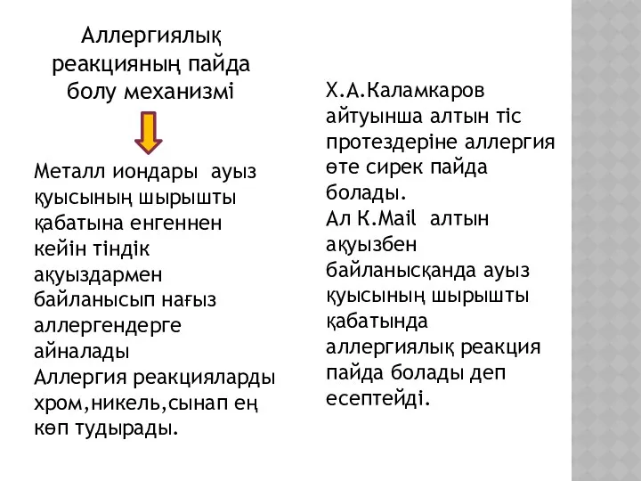 Аллергиялық реакцияның пайда болу механизмі Металл иондары ауыз қуысының шырышты