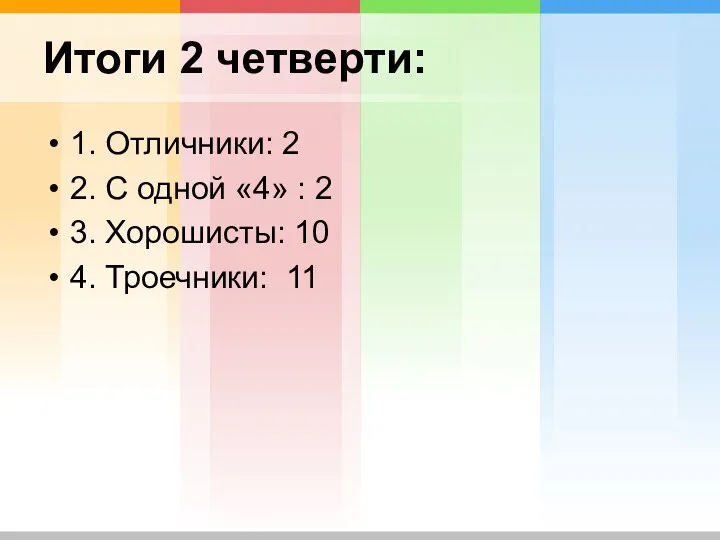 Итоги 2 четверти: 1. Отличники: 2 2. С одной «4»