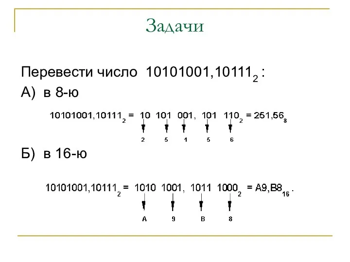 Задачи Перевести число 10101001,101112 : А) в 8-ю Б) в 16-ю