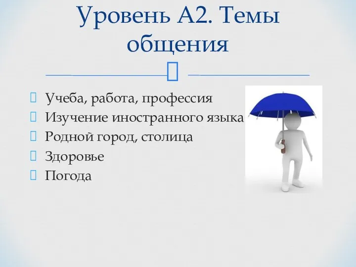 Учеба, работа, профессия Изучение иностранного языка Родной город, столица Здоровье Погода Уровень А2. Темы общения