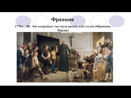 Франция 1770 г . Ш. Эпе открывает частную школу для глухих (Франция, Париж)