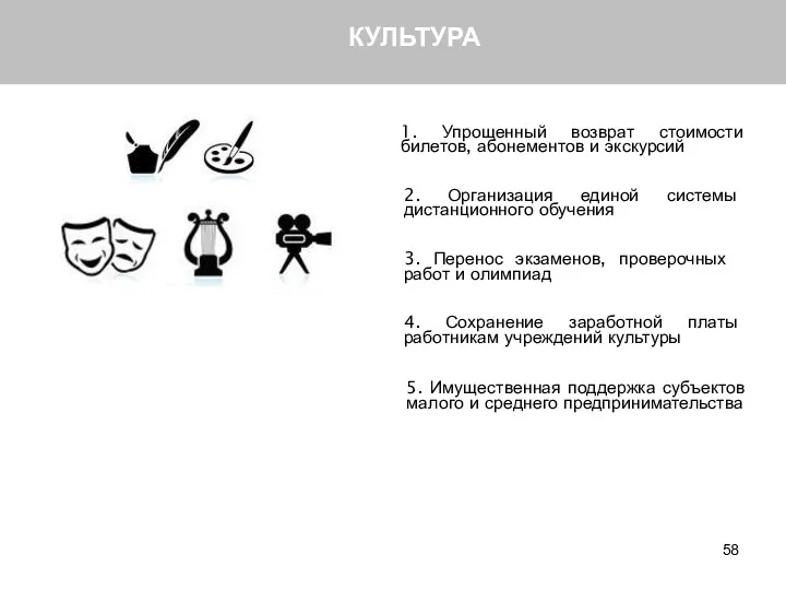 КУЛЬТУРА 1. Упрощенный возврат стоимости билетов, абонементов и экскурсий 2.