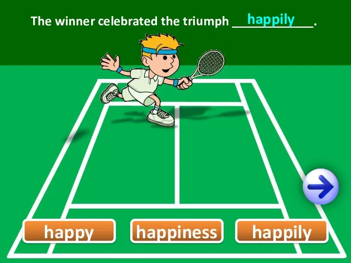happy The winner celebrated the triumph ____________. happily happily happiness 9/12