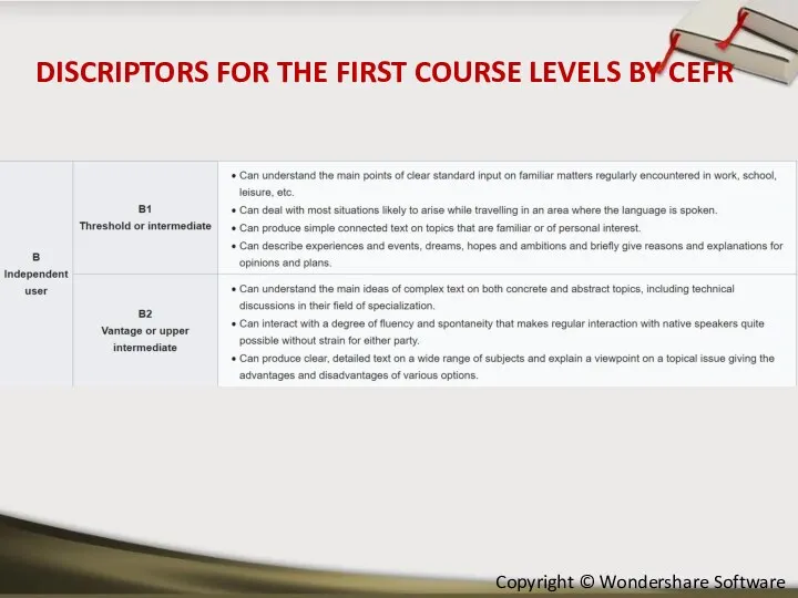 DISCRIPTORS FOR THE FIRST COURSE LEVELS BY CEFR