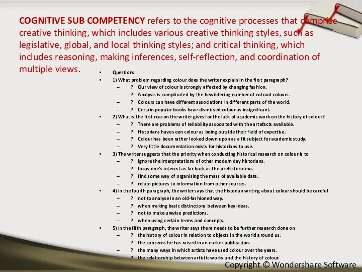 COGNITIVE SUB COMPETENCY refers to the cognitive processes that comprise