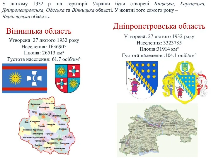 Вінницька область Утворена: 27 лютого 1932 року Населення: 1636905 Площа: 26513 км² Густота