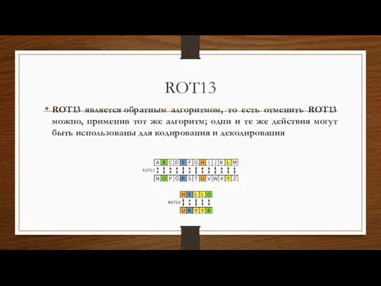 ROT13 ROT13 является обратным алгоритмом, то есть отменить ROT13 можно,