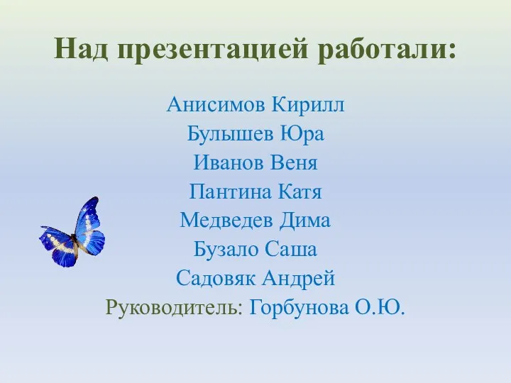 Над презентацией работали: Анисимов Кирилл Булышев Юра Иванов Веня Пантина