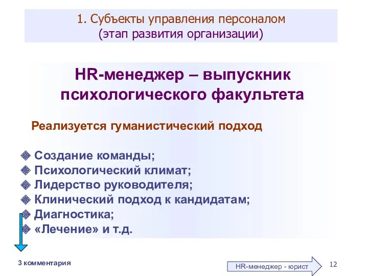 1. Субъекты управления персоналом (этап развития организации) HR-менеджер – выпускник психологического факультета Реализуется