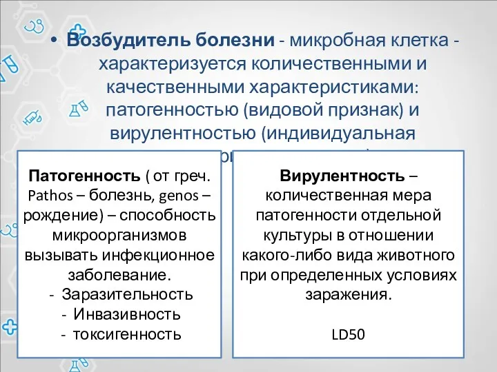 Возбудитель болезни - микробная клетка - характеризуется количественными и качественными