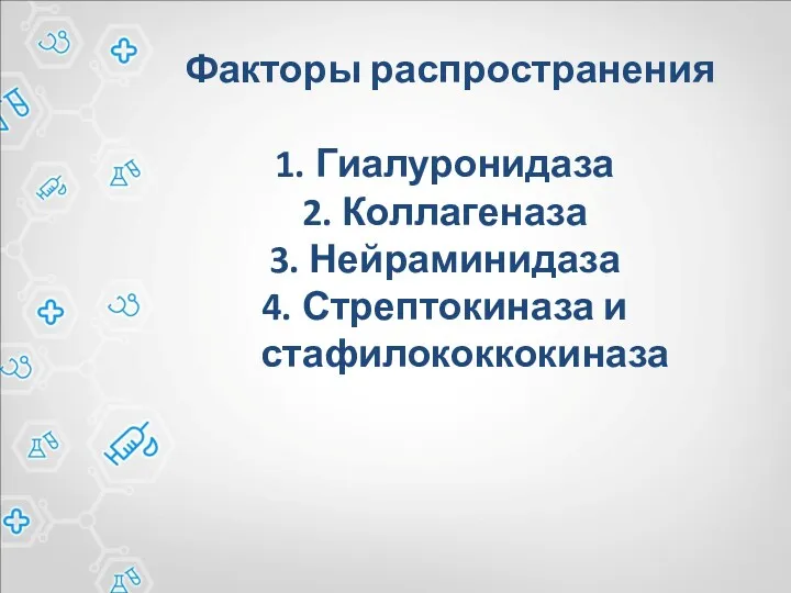 Факторы распространения Гиалуронидаза Коллагеназа Нейраминидаза Стрептокиназа и стафилококкокиназа