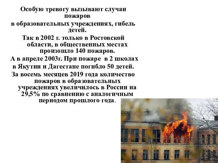 Особую тревогу вызывают случаи пожаров в образовательных учреждениях, гибель детей.