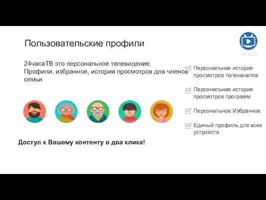 Пользовательские профили 24часаТВ это персональное телевидение. Профили, избранное, история просмотров