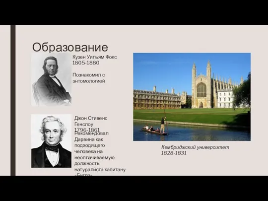 Образование Кембриджский университет 1828-1831 Кузен Уильям Фокс 1805-1880 Познакомил с энтомологией Джон Стивенс