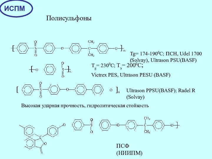 Полисульфоны Tg= 174-1900C; ПСН, Udel 1700 (Solvay), Ultrason PSU(BASF) Tg=