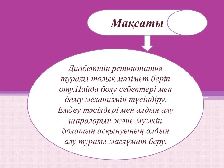 Мақсаты Диабеттік ретинопатия туралы толық мәлімет беріп өту.Пайда болу себептері