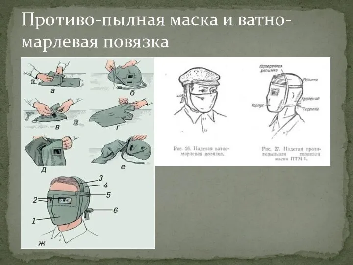 Противо-пылная маска и ватно-марлевая повязка